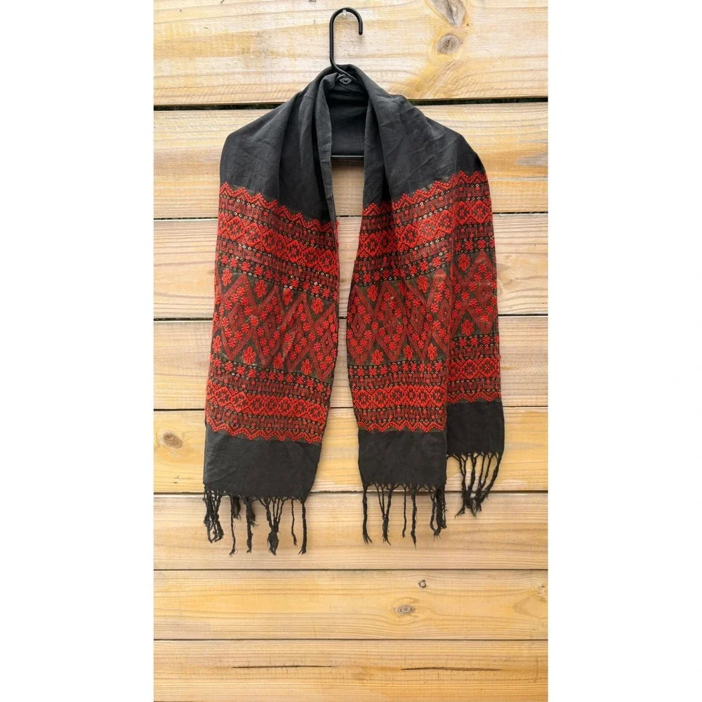 Black Red Geometric Woven Fringe Scarf Tribal Ethnic Embroidered Shawl Wrap